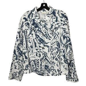Chicos Linen Blue and White Summer Print Coastal Cowgirl Jacket Size Large
